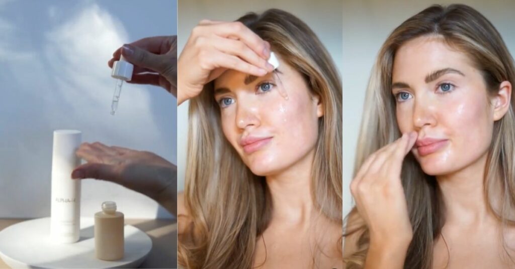 Three pictures of a woman applying the best gradual tanner in Australia on her face.