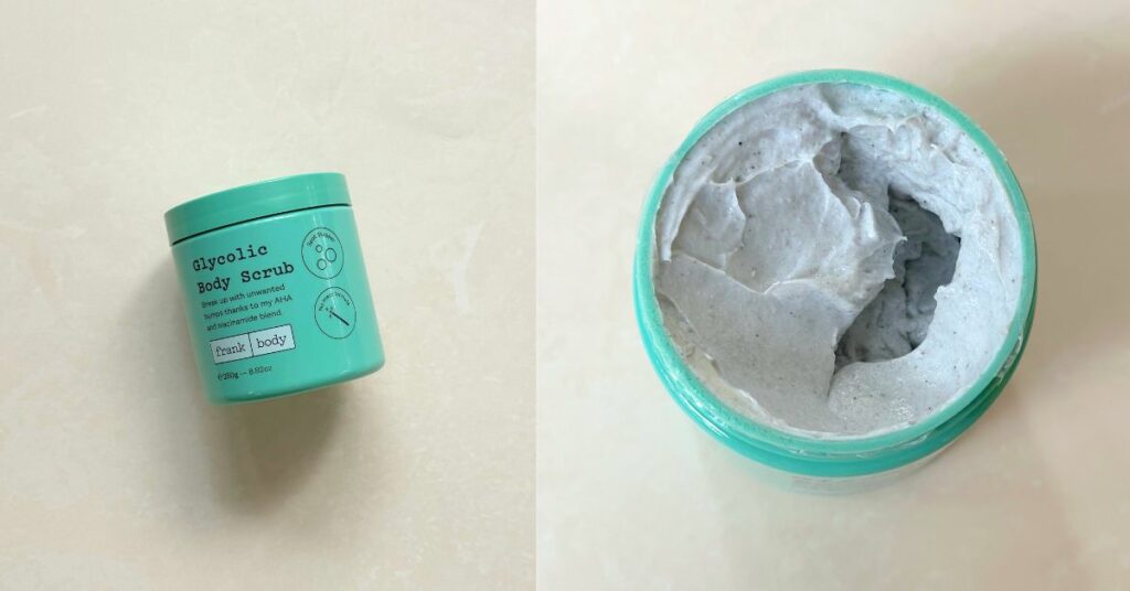 The tub and texture of the Frank Body Glycolic Scrub side by side.