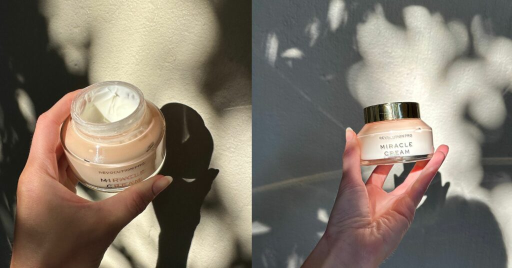 Two photos of woman holding the tub of face cream