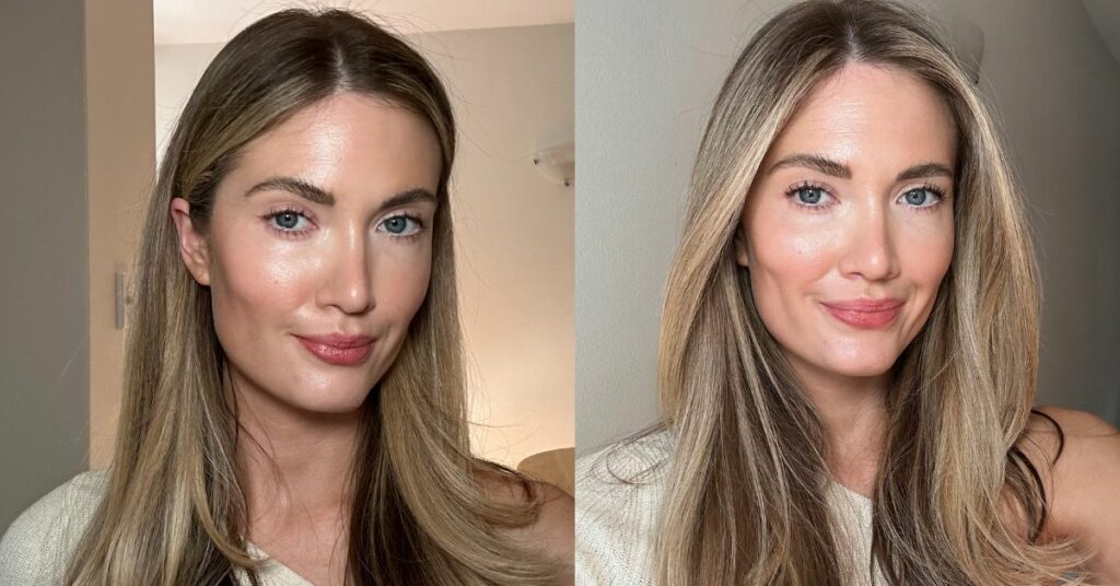 Woman before and after using the lash sculpt mascara
