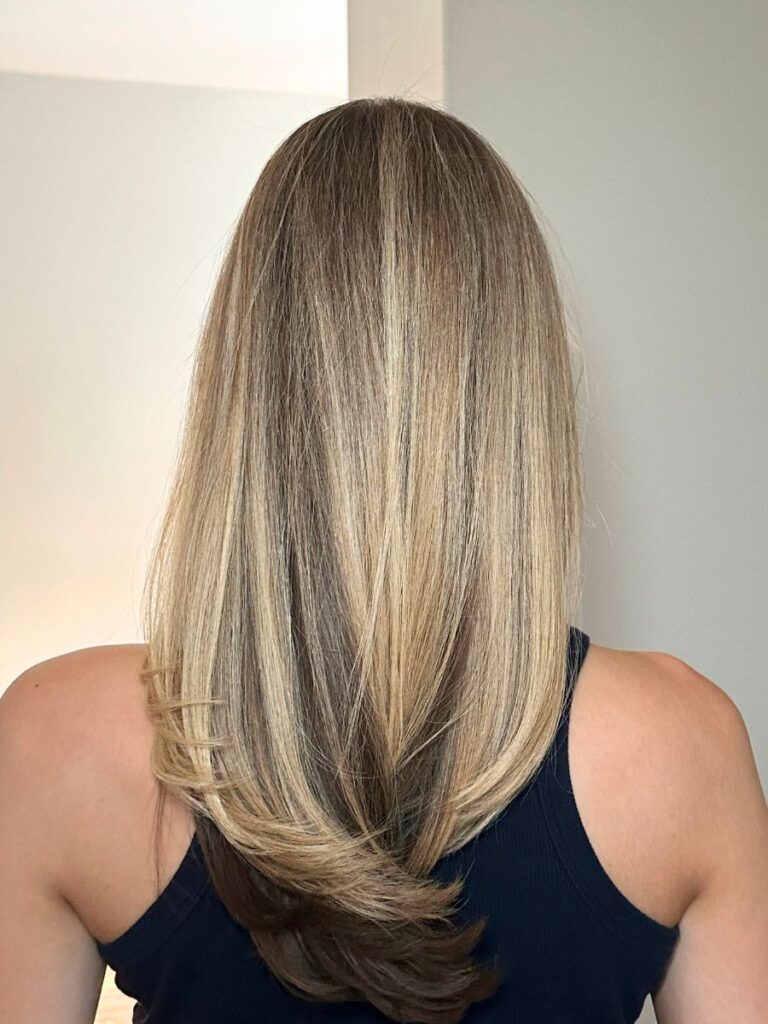 Woman with highlighted layered hair, back view.