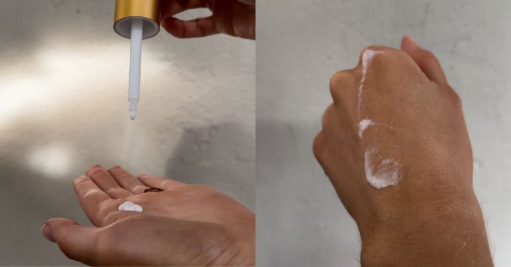 Skincare serum application on hand, two-step process.